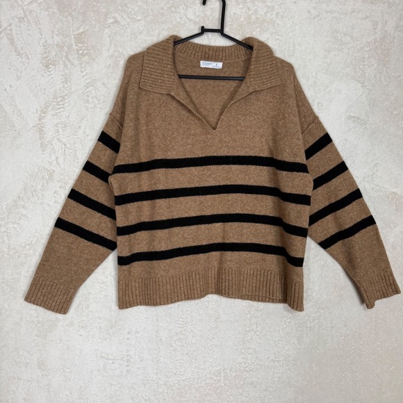 Primark Sweaters - Womens Tan Black Striped Polo V-Neck Wool Blend Sweater Oversized Small Preppy